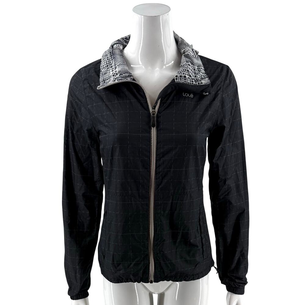 Lole Womens Lightweight Jacket Size Small Black White Grid Pattern Hidden Hood